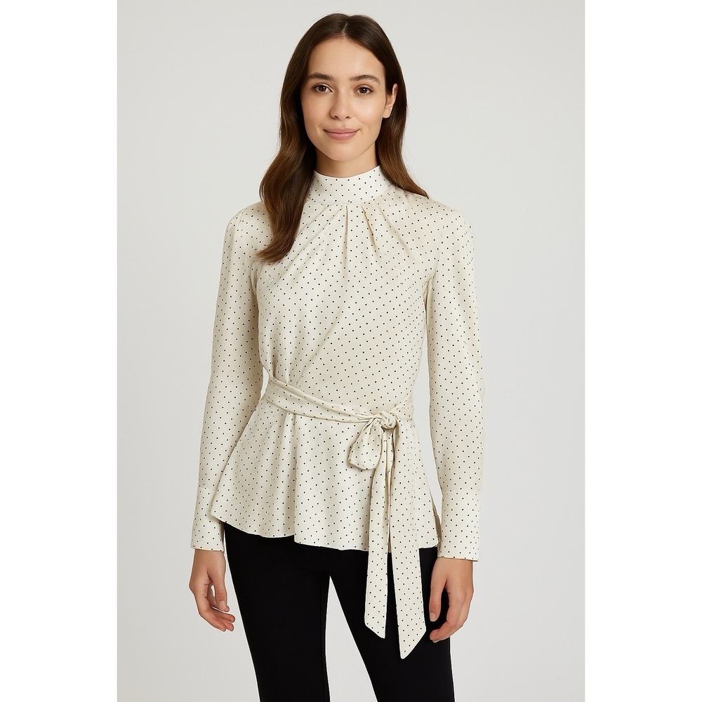 River Island Cream Polka Dot Wrap-Detail High Neck Blouse
